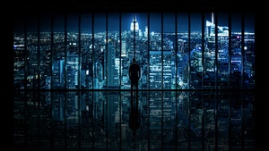 Gotham, Cityscape, City lights, Standing, Man, Reflection, Pattern, Skyscrapers, Night time, New York City, 4K wallpaper