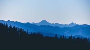 Mountain range, Silhouette, Forest, Landscape, Clear sky, Trees, Fog, Sunset, Tourist attraction, 4K wallpaper