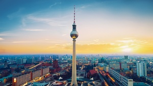 Berlin TV Tower, Germany, Landmark, Sunset, Cityscape, City lights, Clear sky, High rise building, Skyline, Skyscrapers, 4K wallpaper