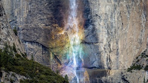 Yosemite National Park, California, Cliff, Waterfalls, Colorful, Rainbow colors, Tourist attraction, 4K wallpaper