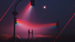 Couple, Silhouette, Traffic lights, Night, Romantic, Focus, Spectrum, Moon, Road, 4K wallpaper