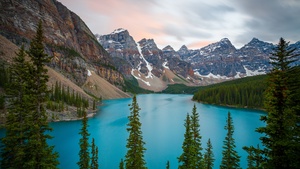 Snow mountains, Moraine Lake, Alberta, Glacier, Valley, River, Landscape, Trees, Blue, Scenic, Canada, 4K wallpaper