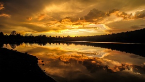 Arizona, United States, Silhouette, Sunset, Cloudy Sky, Body of Water, Reflection, Landscape, Yellow, 4K wallpaper