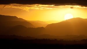 Serene, Sunset, Landscape, Mountains, Yellow sky, Silhouette, 4K wallpaper