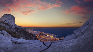 Monaco City, Sunrise, Horizon, Rocks, Clear sky, Clouds, Dusk, Cityscape, City lights, Long exposure, Cliffs, Landscape, 4K wallpaper