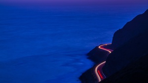 Pacific Coast Highway, California, Car lights, Long exposure, Seascape, Dusk, Sunset, Blue Ocean, Purple sky, Mountain range, Silhouette, 4K wallpaper