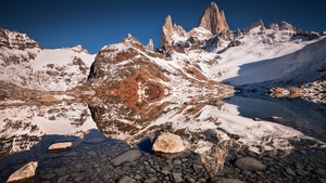 Fitz Roy, Argentina, Mountain Peaks, Snow covered, Landscape, Reflection, Clear water, Los Glaciares National Park, Tourist attraction, 4K wallpaper