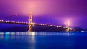 Golden Gate Bridge, San Francisco, California, Scenic, Pink sky, Blue, Body of Water, Pacific Ocean, Night lights, Reflection, Aesthetic, 4K wallpaper