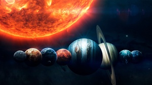 Solar system, Planets, Sun, Orange, Stars, Burning, Earth, Mars, Jupiter, Red planet, 4K wallpaper