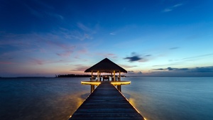 Maldives, Wooden pier, Seascape, Body of Water, Blue Sky, Landscape, Scenic, Long exposure, Sunset, Tropical, Horizon, 4K wallpaper