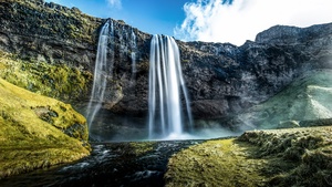 Seljalandsfoss, Waterfalls, Iceland, Water Stream, Cliff, Green Moss, Long exposure, Landscape, Scenery, Blue Sky, 4K wallpaper