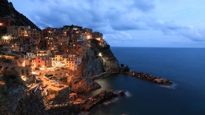 Manarola, Cinque Terre, Italy, Seascape, City lights, Dusk, Tourist attraction, Clouds, Long exposure, 4K wallpaper