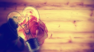 Light bulb, Heart shape, Rose flower, Wooden background, Valentines Day, Love text, Creative, 4K wallpaper