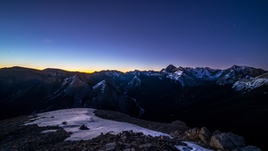 Sulphur Skyline Trail, Hiking trail, Jasper National Park, Canada, Mountain range, Snow covered, Glacier mountains, Clear sky, Sunset, Landscape, Peaks, Summit, 4K wallpaper