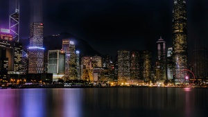 Hong Kong City, Cityscape, Skyscrapers, Night life, Ferris wheel, Lights, River, Reflection, 4K wallpaper