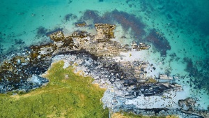 Aerial view, Sea shore, Ocean blue, Rock island, Coast, Clear water, 4K wallpaper
