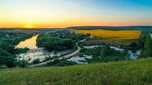 River, Countryside, Landscape, Sunset Orange, Horizon, Green Trees, Grass, Farm Land, 4K wallpaper