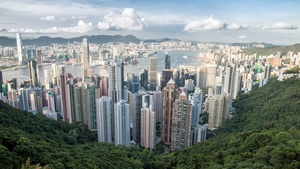 Hong Kong City, Victoria Peak, Skyline, Cityscape, Daytime, Aerial view, Skyscrapers, Clouds, Harbor, 4K wallpaper