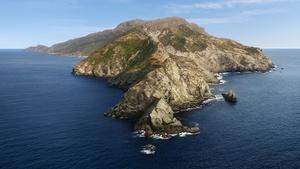 macOS Catalina, Island, Mountains, Sunny day, Stock, 4K wallpaper