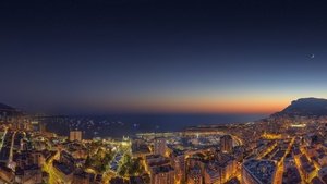 Monaco Yacht Show, Cityscape, City lights, Night time, Ocean, Seascape, Sunset, Crescent Moon, Starry sky, 4K wallpaper