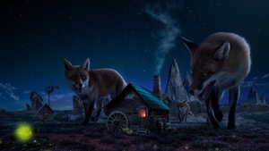 Fox, Wild animals, Starry sky, Twilight, Night time, Digital composition, Fairy tale, 4K wallpaper