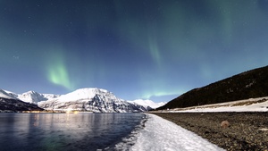Norway, Aurora Borealis, Northern Lights, Glacier mountains, Lake, Reflection, Night sky, Stars, Winter, Snow covered, Landscape, Scenery, 4K wallpaper