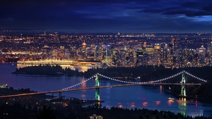 Vancouver City, Canada, Cityscape, City lights, Night time, Horizon, Dark Sky, Long exposure, Suspension bridge, 4K wallpaper