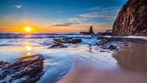 Australia, Sunrise, Seascape, Rocky coast, Ocean, Clear sky, Horizon, Landscape, Waves, Reflection, 4K wallpaper