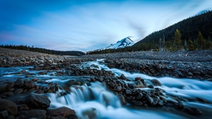 Mount Hood, Oregon, Landscape, Early Morning, Rocks, Water Stream, Long exposure, Green Trees, Blue Sky, Snow covered, Glacier mountains, 4K wallpaper