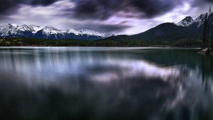 Canada, Dark clouds, Landscape, Long exposure, Glacier mountains, Snow covered, Reflection, Body of Water, 4K wallpaper