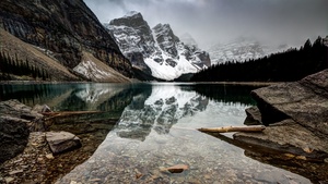 Moraine Lake, Clear water, Landscape, Canada, Reflection, Snow covered, Glacier mountains, Foggy, Rocks, Mirror Lake, 4K wallpaper