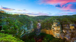 Blue mountains, Australia, National Park, Long exposure, Sunset, Cliffs, Forest, Green Trees, Greenery, HDR, Landscape, Clear sky, 4K wallpaper