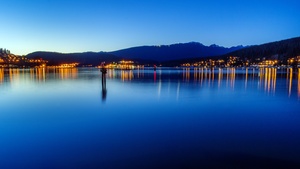 Fjord, Canada, British Columbia, City lights, Seascape, Dusk, Landscape, Reflection, Long exposure, Blue Sky, Body of Water, 4K wallpaper