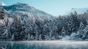 Snow mountains, Glacier, Frozen, Mist, Lake, Reflection, Snow covered, Trees, Winter forest, 4K wallpaper
