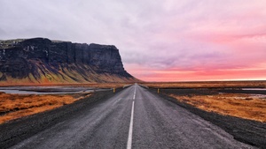 Open Road, Cliff, Horizon, Landscape, Plateau, Iceland, Calm, Hill, Pink sky, 4K wallpaper