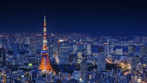 Tokyo Tower, Japan, Metal structure, Cityscape, City lights, Night time, Landmark, Skyscrapers, Dark blue, 4K wallpaper