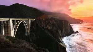 California, Sunset, Orange sky, Big Sur, Coastline, Foggy, Landscape, Long exposure, Ocean, 4K wallpaper