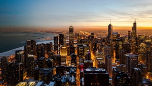 Chicago, Downtown, Sunset, Skyline, Cityscape, Dusk, Skyscrapers, City night, Metropolitan, Aerial Photography, Urban, 4K wallpaper