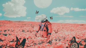 Astronaut, Surreal, NASA, Flower garden, Butterflies, Moon, Clouds, Space suit, 4K wallpaper