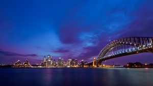 Sydney Harbour Bridge, Metal structure, Australia, Cityscape, City lights, Purple sky, Skyscrapers, Night time, Body of Water, Dusk, 4K wallpaper