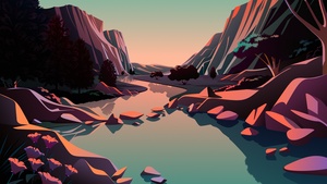 macOS Big Sur, Mountains, River, Rocks, Sunrise, Daylight, Scenery, Illustration, iOS 14, Stock, 4K wallpaper
