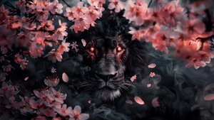 Lion, Sakura, Smoke, Cherry blossom, AI art, 4K wallpaper