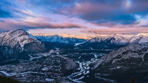 Banff National Park, Canada, Sunset, Landscape, Snow covered, Winter, Village, Mountain range, Landscape, 4K wallpaper