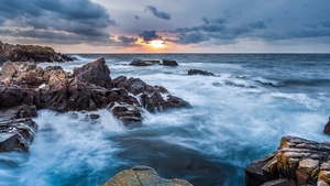 Sweden, Seascape, Rocky coast, Sunset, Clouds, Horizon, Waves, Long exposure, 4K wallpaper
