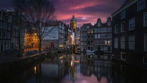 Amsterdam, Aesthetic, Night City, Sunset, Cityscape, Canal, Buildings, Reflection, Tourist attraction, Night photography, 4K wallpaper