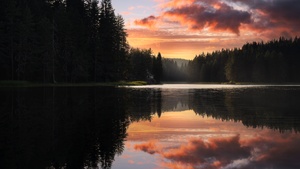 Serene, Lake, Sunset, Forest, Trees, Reflection, Clouds, Body of Water, Scenic, Peaceful, Calm, Tranquil, Quiet, 4K wallpaper