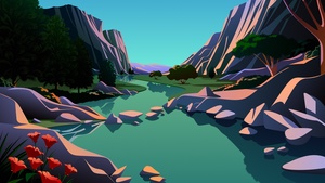 macOS Big Sur, Scenery, Lake, Mountains, Rocks, Evening, Illustration, iOS 14, Stock, 4K wallpaper