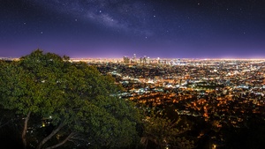Los Angeles City, Cityscape, City lights, Night time, Horizon, Starry sky, Green Tree, Purple sky, Skyscrapers, 4K wallpaper