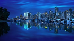 Vancouver City, Canada, Cityscape, Body of Water, Reflection, Blue background, Skyscrapers, City lights, Dusk, Boats, Skyline, 4K wallpaper