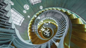 Spiral staircase, Chandelier, Wooden stairs, 4K wallpaper